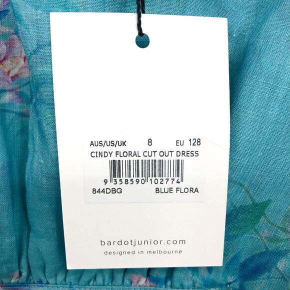 BARDOT Girls Cindy Floral Cut Out Dress Size 8 Blue Flora Short Sleeve NWT - Picture 10 of 12